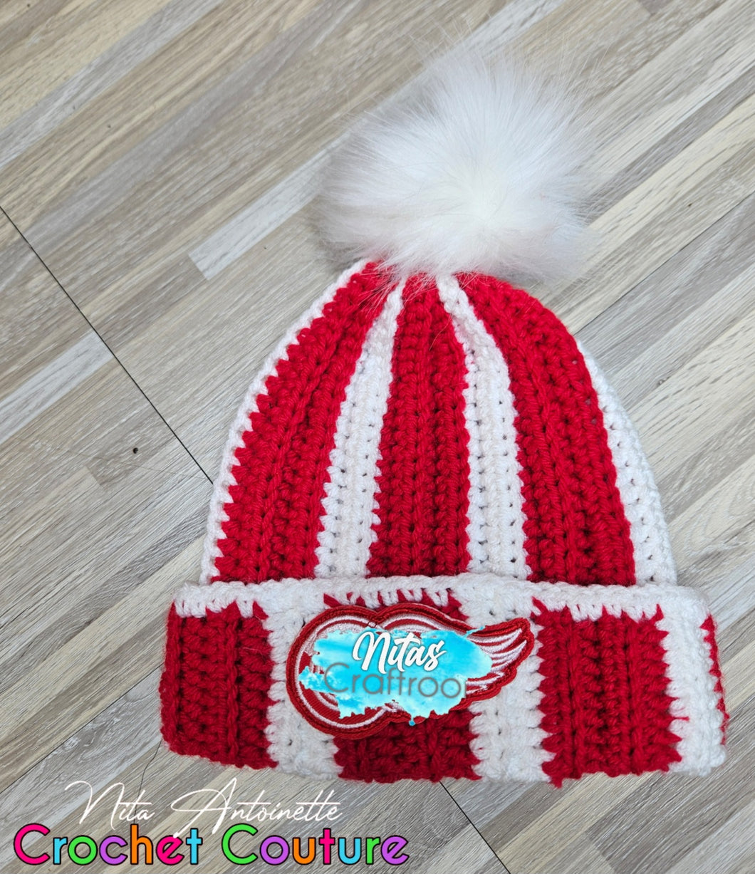 Redwings inspired  pom pom hat