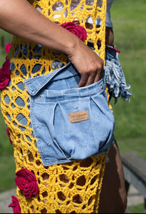 Crochet Couture Denim/mesh Cardigan (w/flower accents)