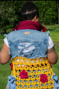 Crochet Couture Denim/mesh Cardigan (w/flower accents)