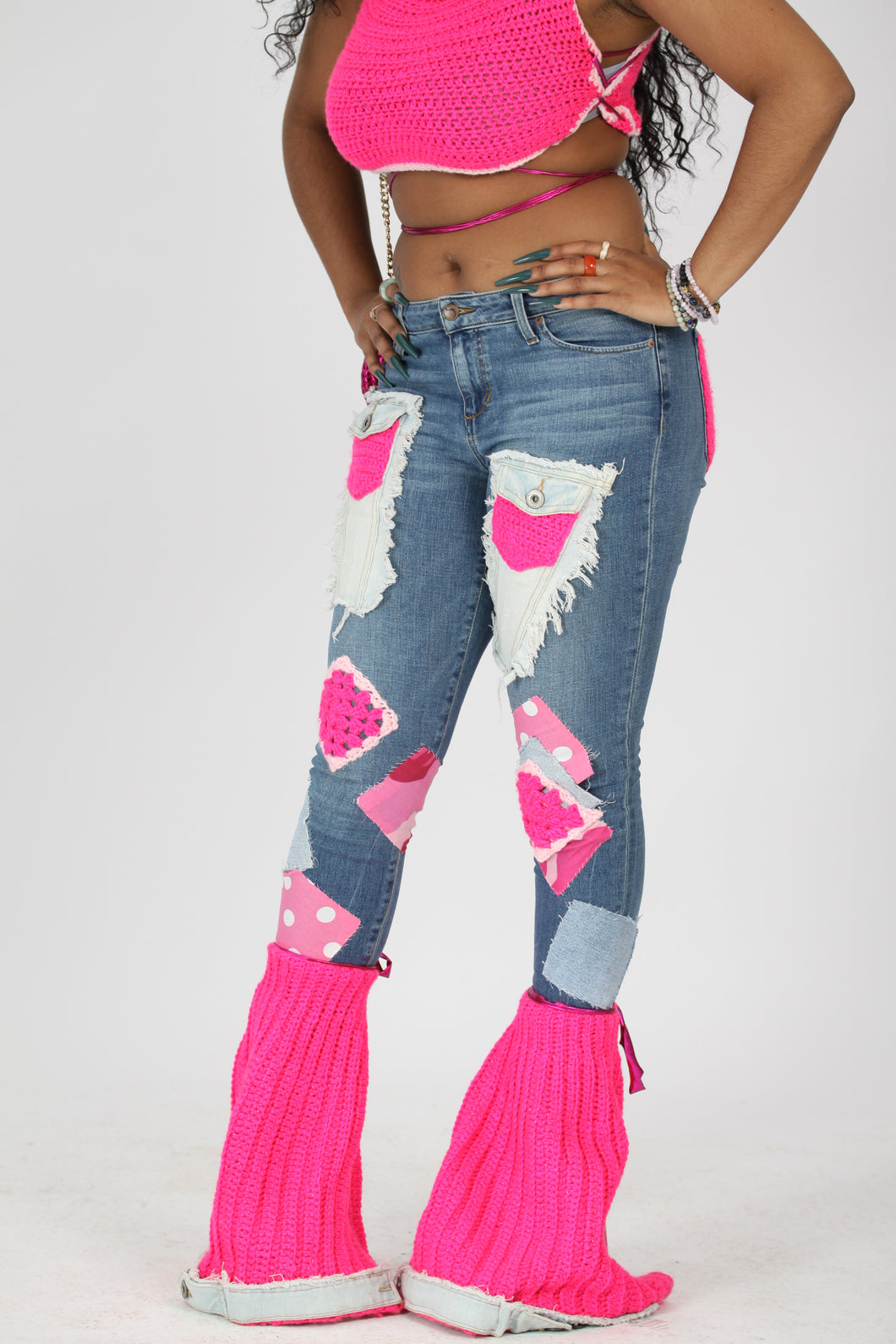 Crochet couture patchwork denim jeans w/crop top and matching shoe covers.